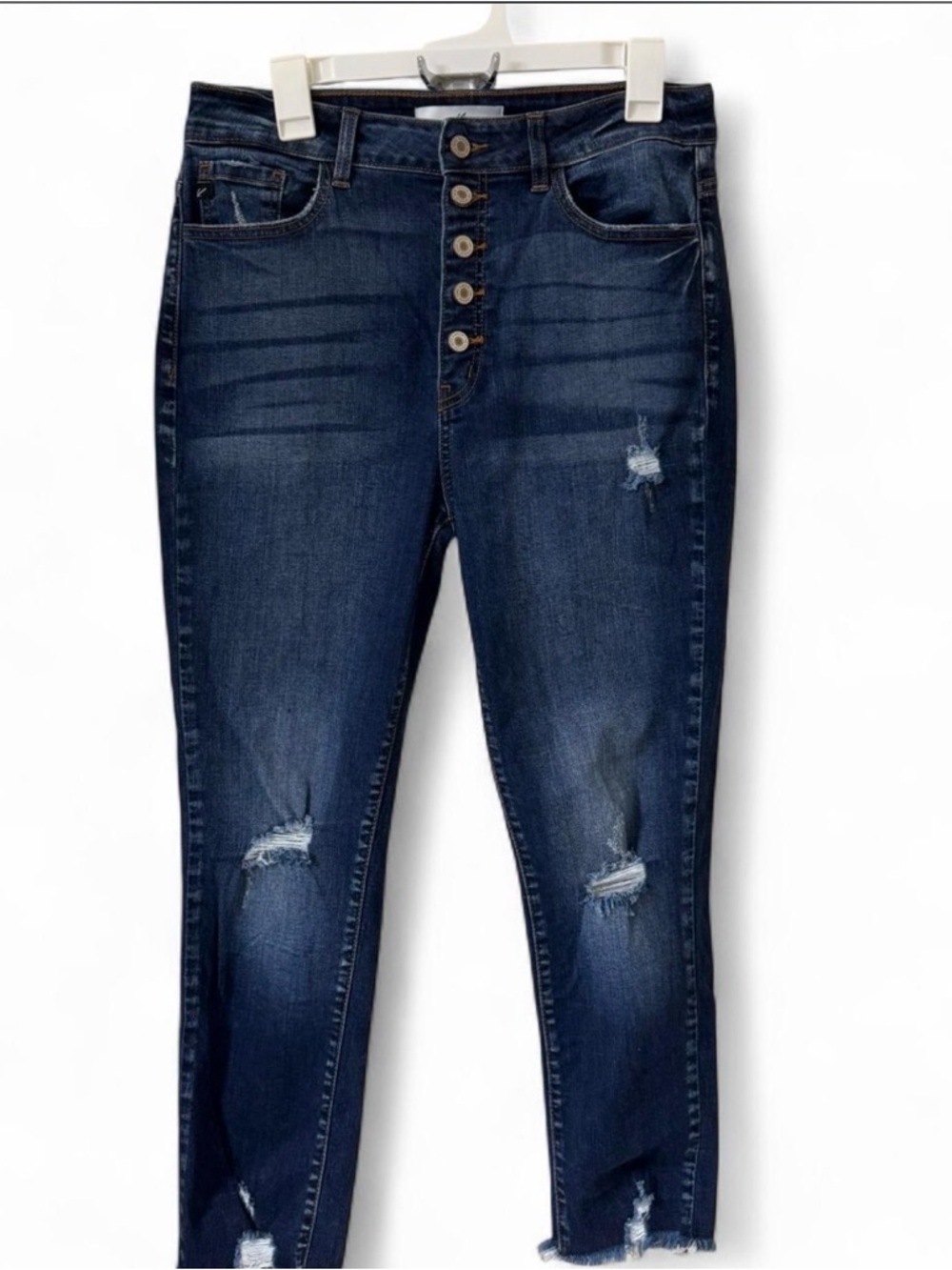 KanCan High-Rise Button-Fly Distressed Dark Blue Jeans